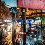 Bangkok street food during rainy day